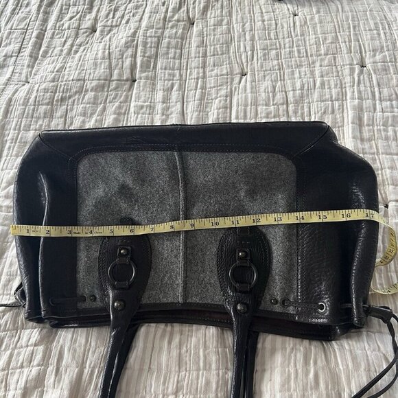 BR Banana Republic Leather Wool Drawstring Satchel Tote Gray Brown Academia 90s - Picture 11 of 14